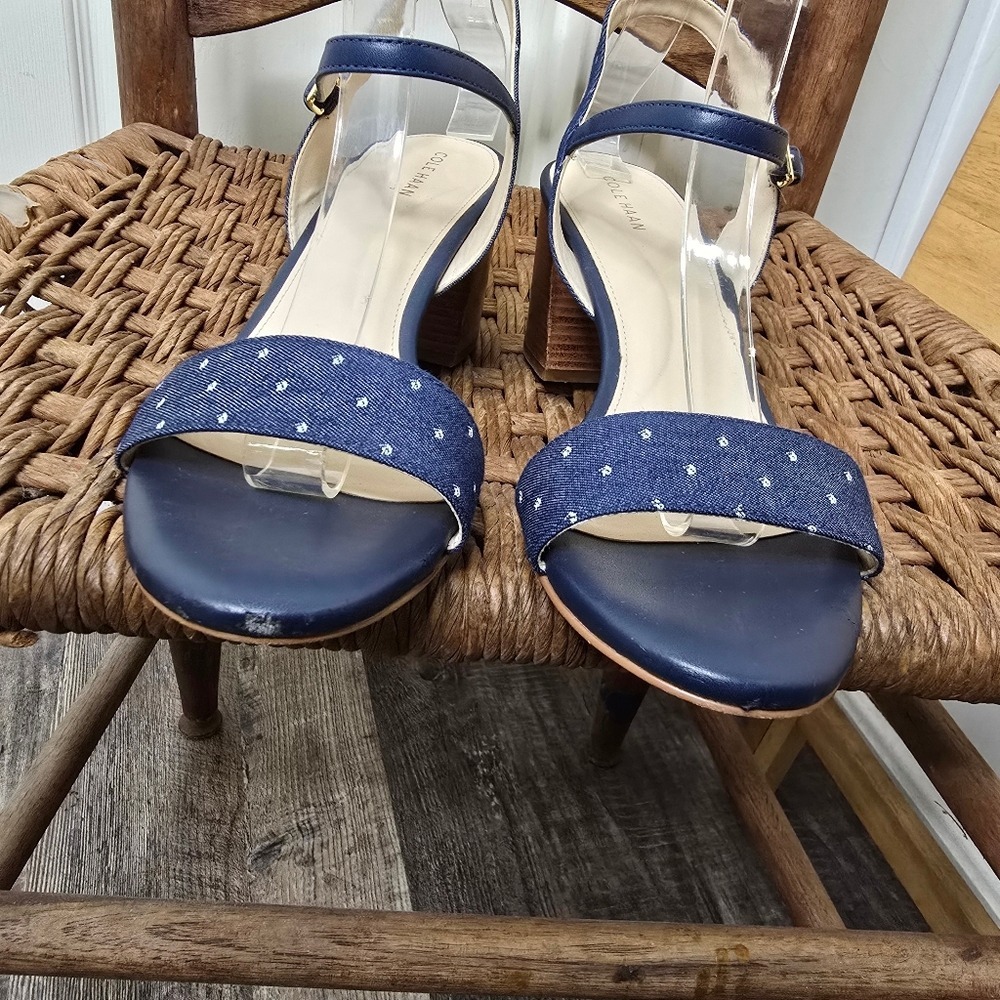 denim blue white dot 3" stacked heel Cole Haan womens Sandals 9 - Picture 7 of 9